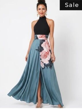 Source Unknown Black Halter Maxi Dress with Blue & Pink Floral Skirt